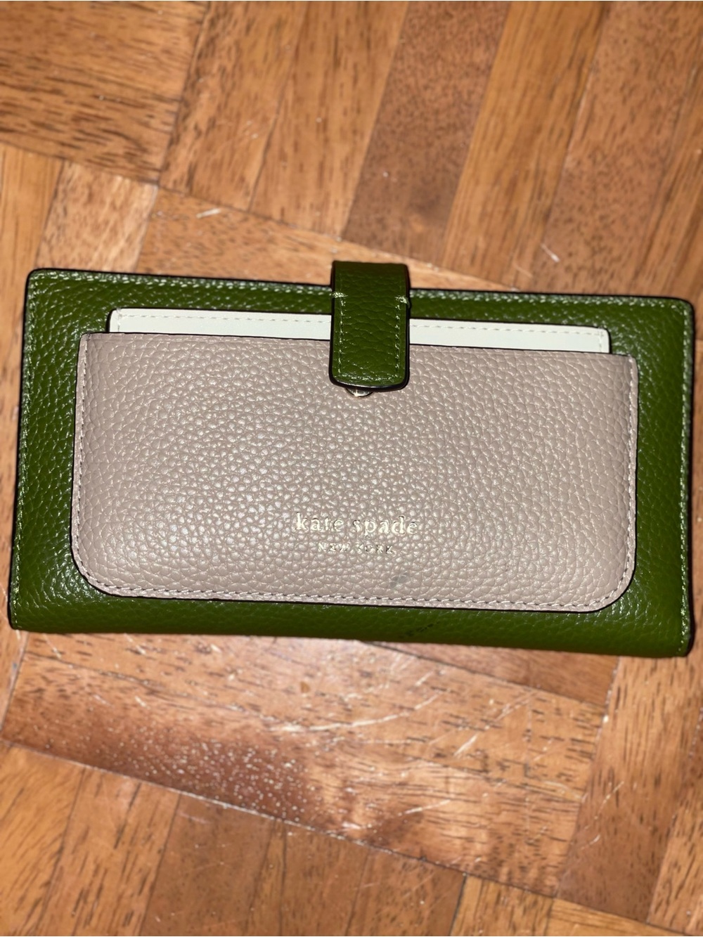 kate spade Olive Green and Taupe Pebbled Leather Wallet